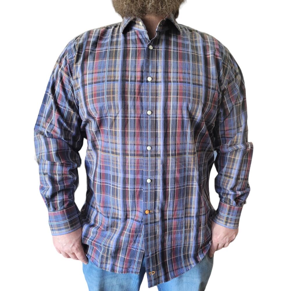 Thomas Dean XL Plaid Button Down Shirt Contrast Collar Cotton Shirtmakers Cloth